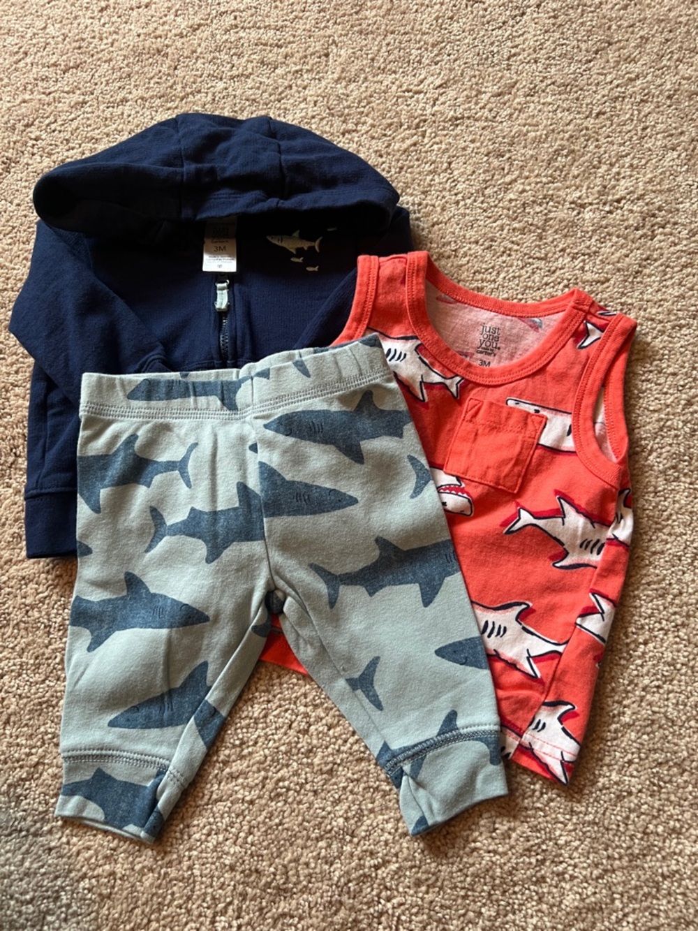 Carter’s Shark Zip Up Hoodie, Tank, and Pant Set - 3m